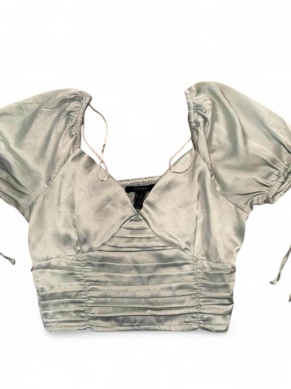Forever 21 Sage Satin Puff Sleeve Crop Top in size medium